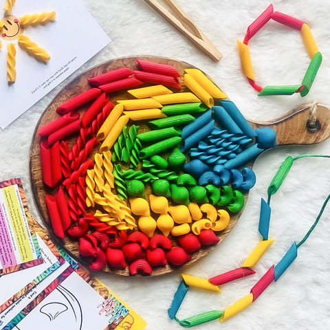 Non-toxic colored sensory pasta set for DIY sensory bins, pretend play, and Montessori activities