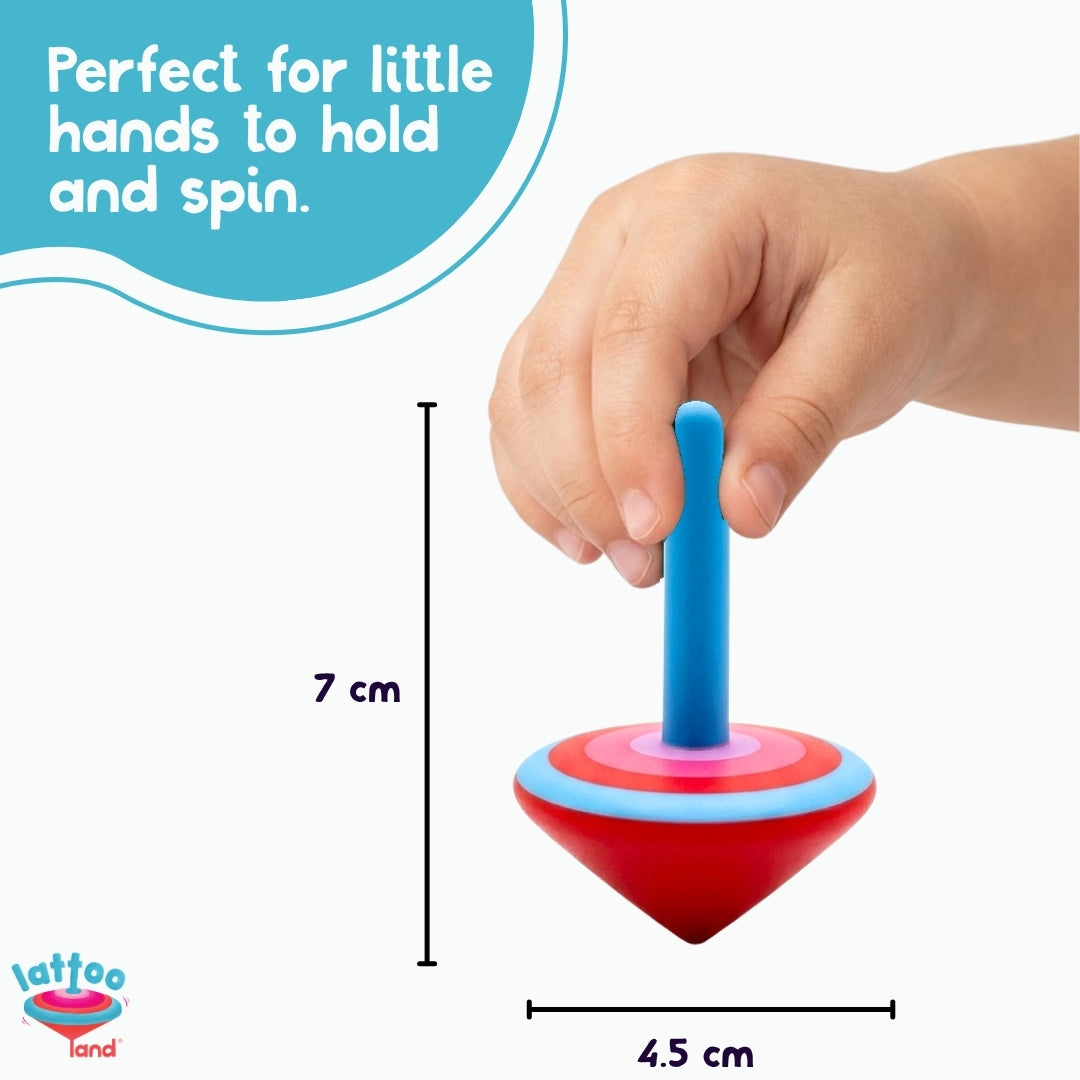 Colorful wooden spinning tops featuring non-toxic colors for children aged 3+