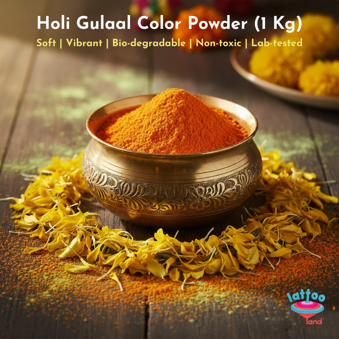 Bright orange Holi color (gulal) powder, finely ground and spread out, representing energy, warmth, and festive spirit.