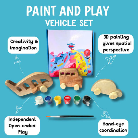 Paint and Play Vehicle Set with wooden car, bus, and aeroplane for kids. Lattooland paint and play vehicle set for kids gifts