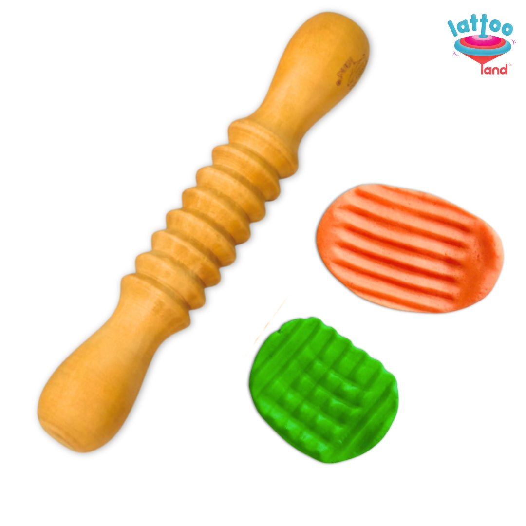 Patterned rolling pin for kids designed to create fun textured designs in playdough and clay during creative sensory play.