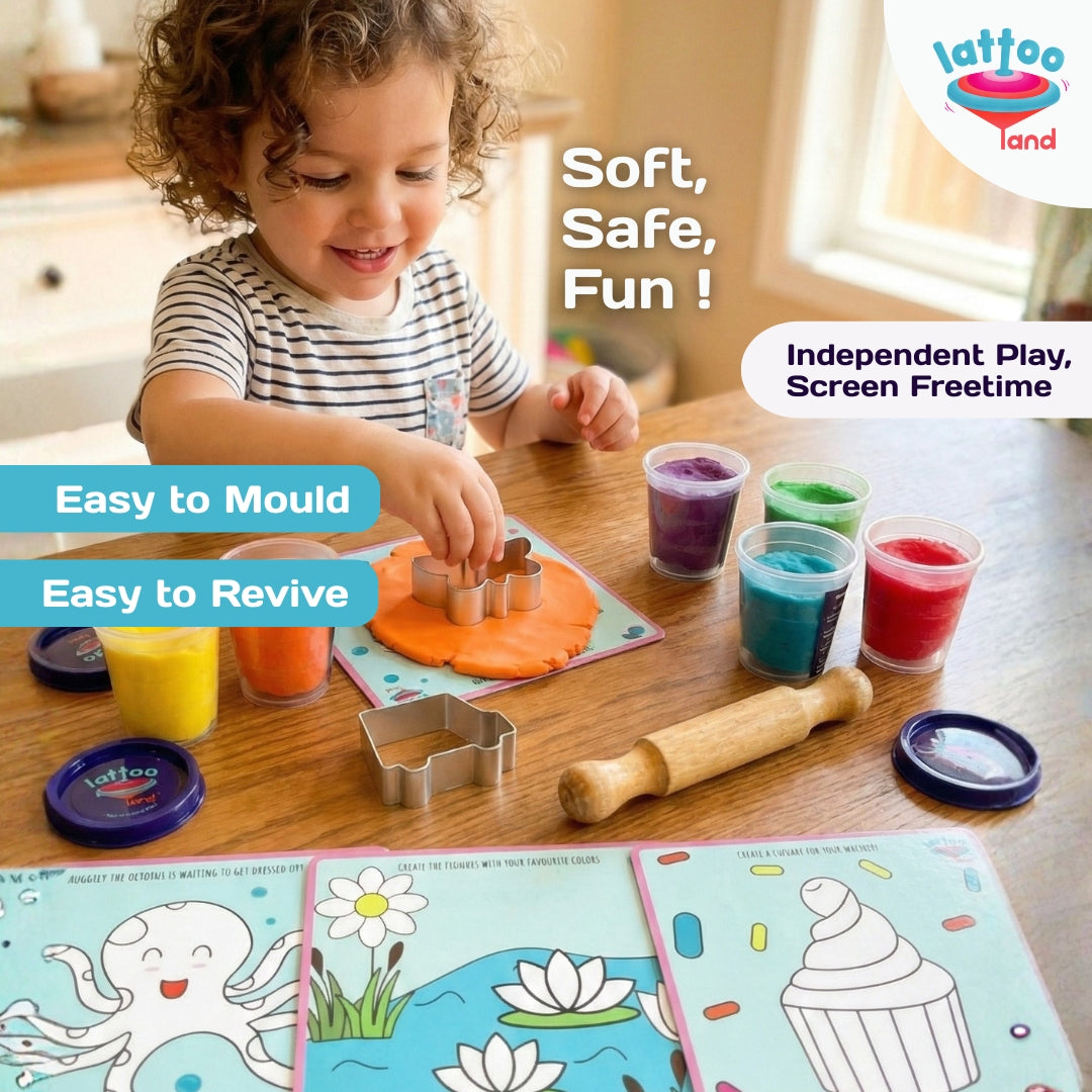 Child playing with play dough and coloring books on a table.