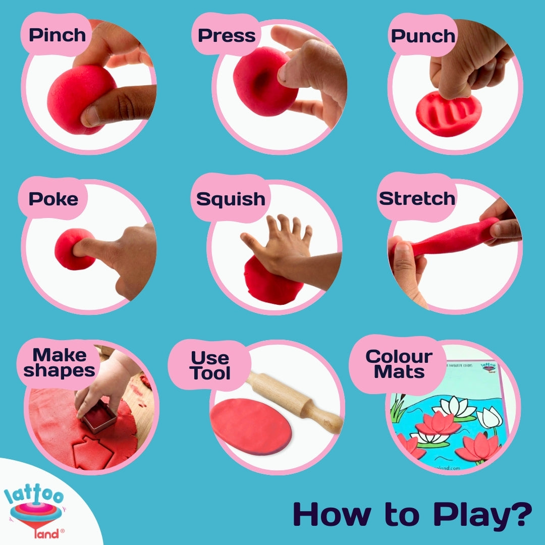 Toddler sensory learning activities with colorful play dough, including pinch, poke, stretch, roll, and letter-making exercises for early development