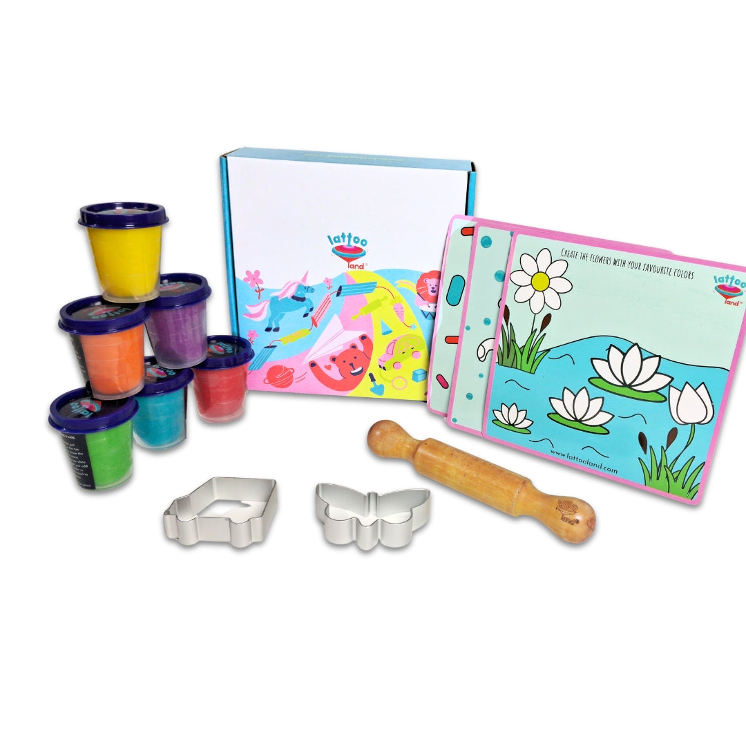 Close-up of play dough tools included in the kids’ kit.