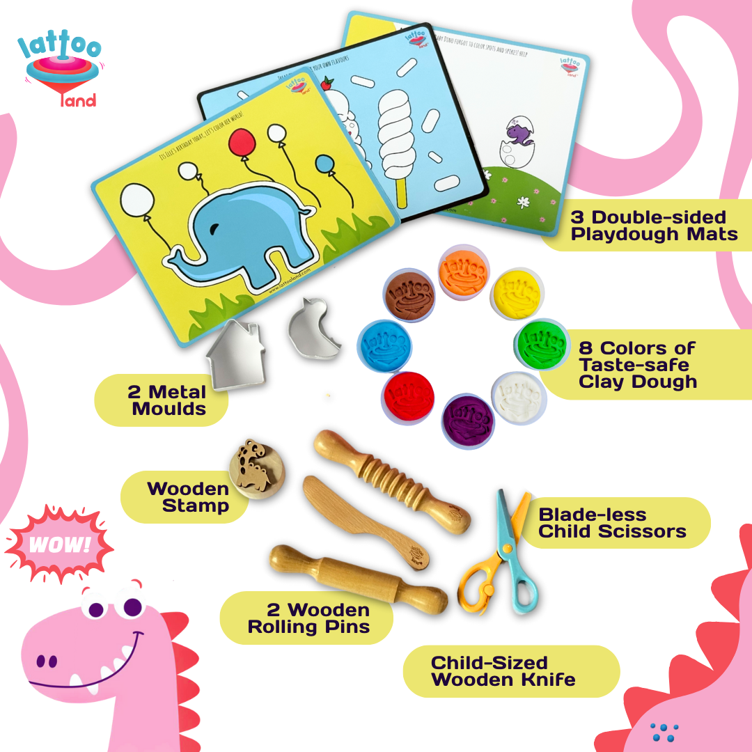 Play Dough tools set with colorful dough for imaginative and sensory play. Durable wooden tools for kids to squish, sculpt, roll, pinch, and create patterns with clay.