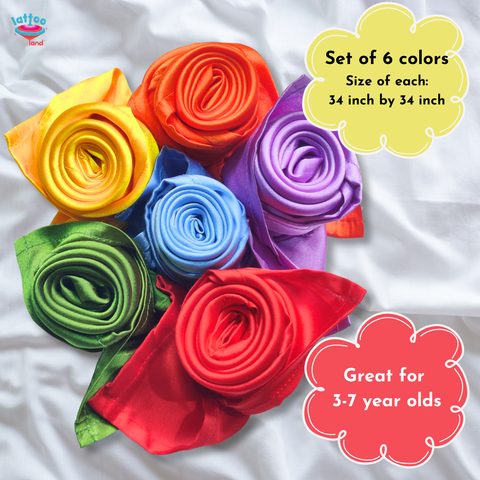 Set of colorful silk fabric flowers on a white background with text about size and age suitability.