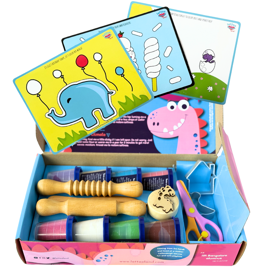 Creative play dough kits for kids made with safe, organic, non-toxic materials, perfect for imaginative and sensory play. Lattoodough -8,wooden stamp,wooden kife,wooden rolling pins-2,kids friendly scissor-1,metal dough cutters -2,activity cards-3