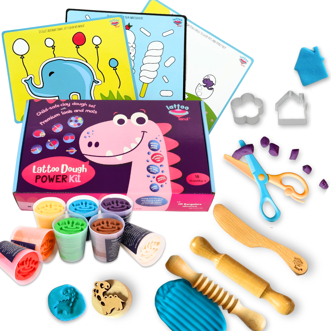 Non-toxic Power Dough Kit with tools, made from safe materials for kids to enjoy hands-on creative play. Includes 8 vibrant dough colors, 3 reusable double-sided mats, 7 child-sized play tools, and taste-safe clay. This fun and educational sensory play kit encourages learning, fine motor skills, and imaginative molding for toddlers and preschoolers.
