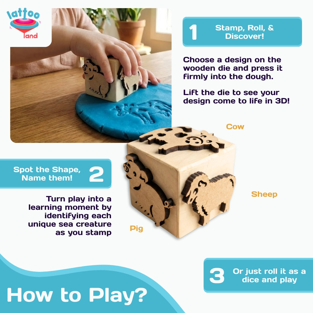 Preschool educational wooden farm animal stamp dice for interactive learning.