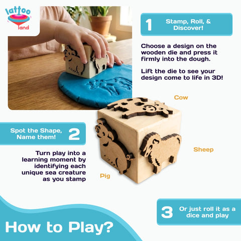 Preschool educational wooden farm animal stamp dice for interactive learning.