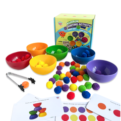 Rainbow Sorting Activity Set | Tong, Cups, Pompoms | Grasp, Sort, Count, Play