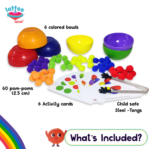 Six rainbow-colored sorting bowls with a variety of multicolored pom-poms for color recognition