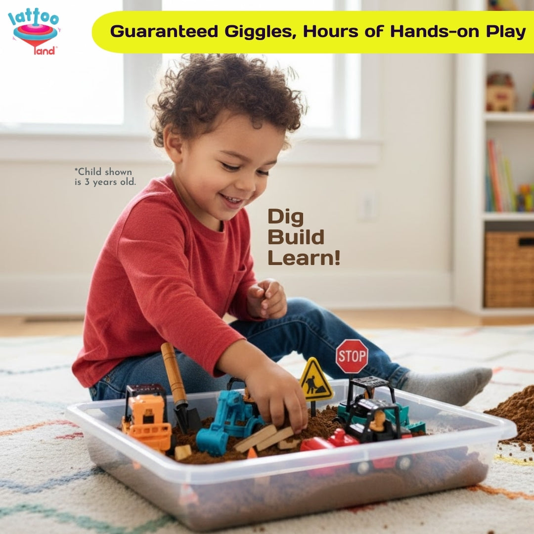 Safe sensory dirt and sand construction toy for kids. Child enjoying hands-on play with a construction set in a clear plastic tray, featuring a fun message about guaranteed giggles and interactive learning.

