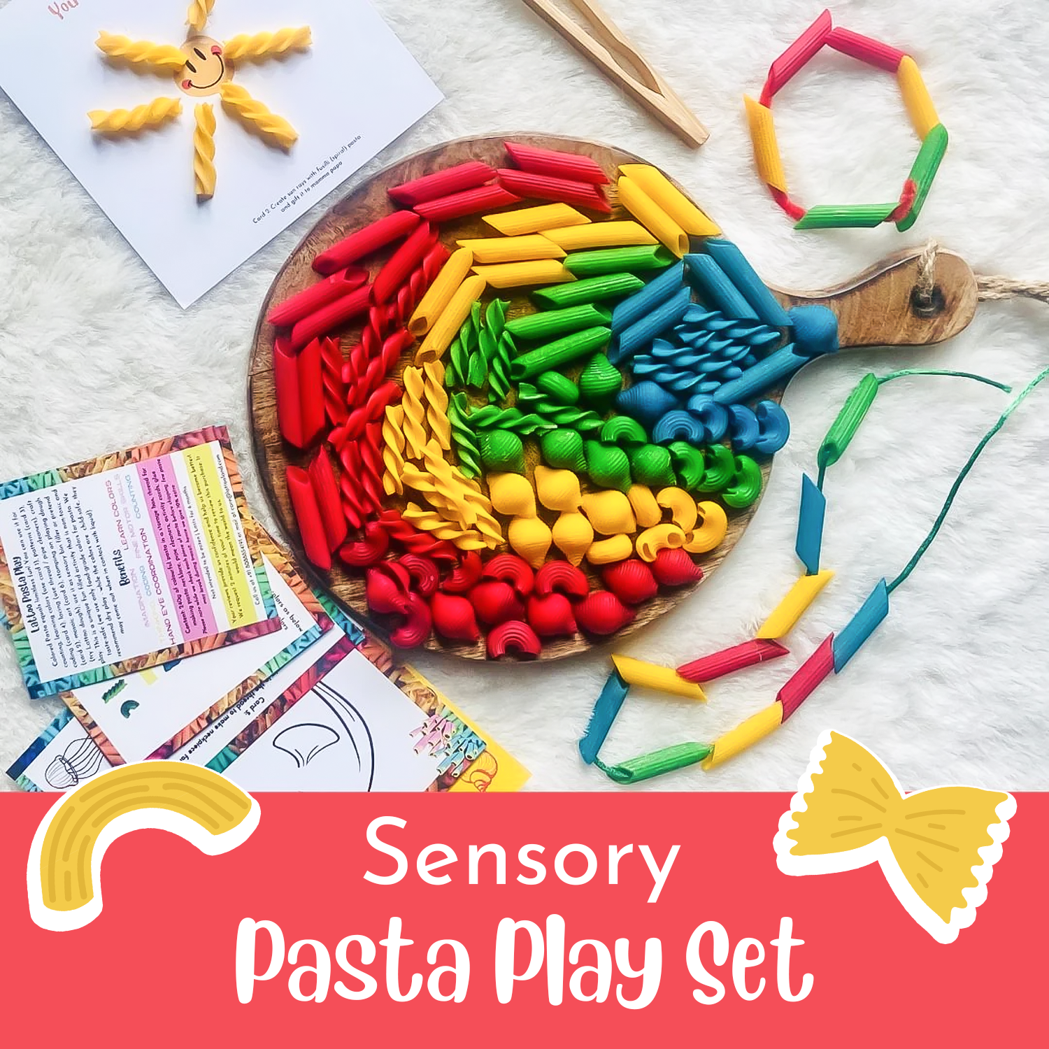 Red, yellow, green, blue coloured pastas for sensory play in Penne, Macaroni, Spiral & Shell shape, lacing activity, wooden tongs & activity cards.Colored pasta sensory toy for toddlers featuring a vibrant assortment of pasta shapes in various colors, perfect for engaging sensory play. The set includes tongs for developing fine motor skills as kids sort, scoop, and explore the textured pieces. Sensory Pasta Pretend Play Set with Wooden Tongs, 4 Colors and 4 Patterns for Kids