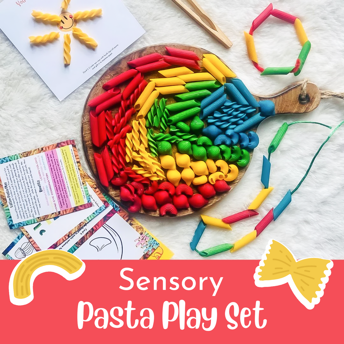 Red, yellow, green, blue coloured pastas for sensory play in Penne, Macaroni, Spiral & Shell shape, lacing activity, wooden tongs & activity cards.Colored pasta sensory toy for toddlers featuring a vibrant assortment of pasta shapes in various colors, perfect for engaging sensory play. The set includes tongs for developing fine motor skills as kids sort, scoop, and explore the textured pieces. Sensory Pasta Pretend Play Set with Wooden Tongs, 4 Colors and 4 Patterns for Kids