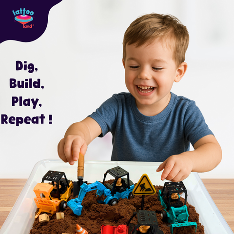 Child playing with toy construction vehicles in a sand pit. Texture of sensory play dirt material in child’s hands 
