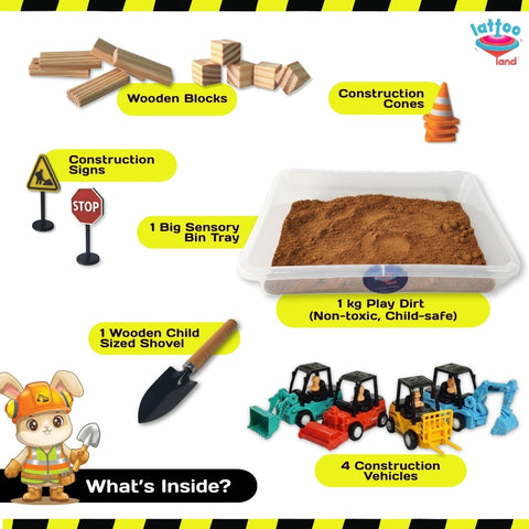 Close-up of sensory bin dirt sand construction toy featuring mini construction vehicles and tools. Construction-themed playset with wooden blocks, cones, traffic signs, sensory bin tray, dirt, shovel, and toy vehicles