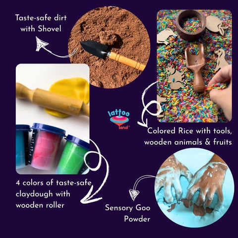  Fine motor tools included in the Sensory Starter Kit for kids.Starter kit with sensory bin tools, rice, and fillers for hands-on play