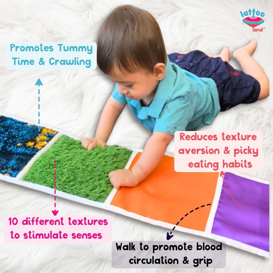 Colorful sensory mat for babies with different textures and shapes for tactile and visual stimulation, promoting early learning and motor skills.