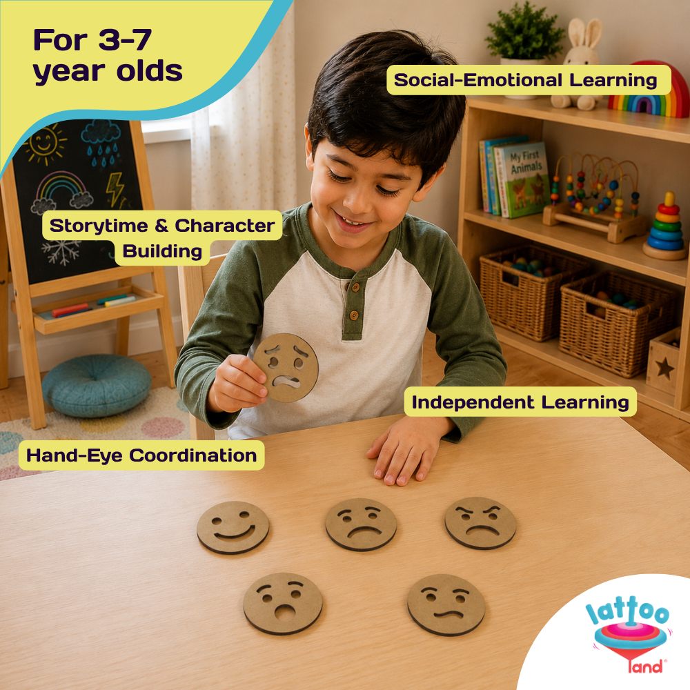 Social emotional learning toy for toddlers with wooden emotion cutouts