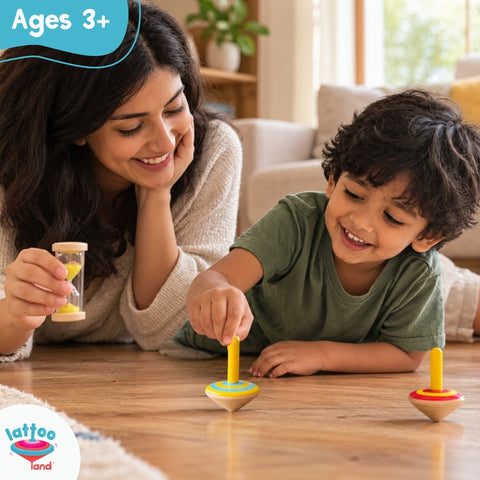 Set of three colorful wooden spinning tops ideal for kids' birthday return gifts