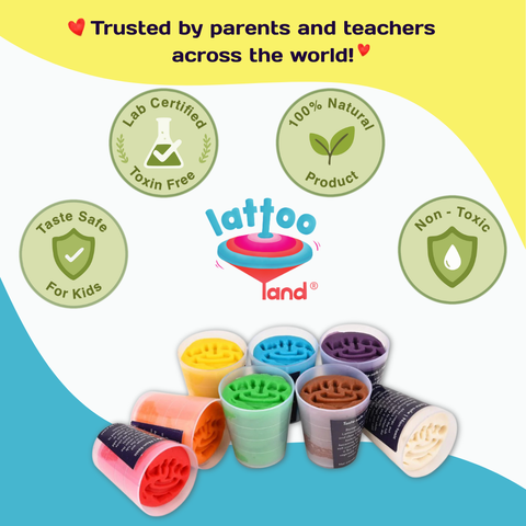 Colorful play dough set with 8 vibrant colors, taste-safe, non-toxic, lab-certified, and 100% natural for kids and toddlers.