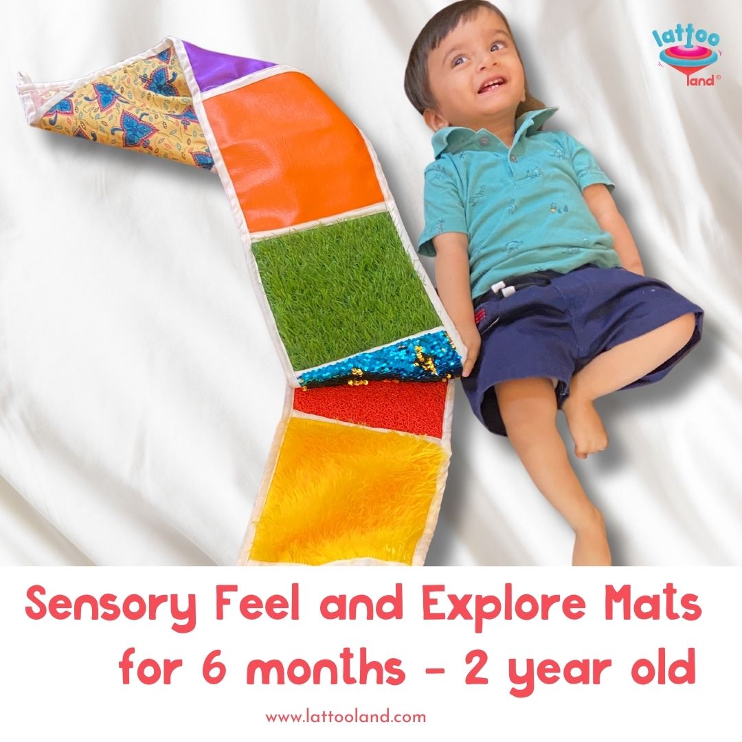Textured sensory mat for toddlers with multiple patterns to stimulate touch and sight