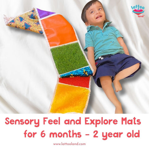 Textured sensory mat for toddlers with multiple patterns to stimulate touch and sight