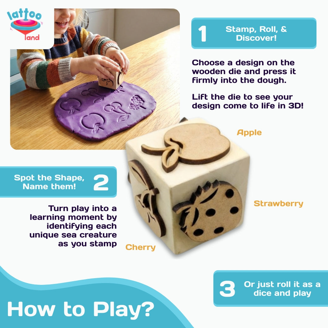 Wooden fruits stamp dice toy for toddlers’ motor skill development