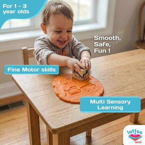 Kids vehicle themed wooden stamps used with play dough for sensory and creative fun.