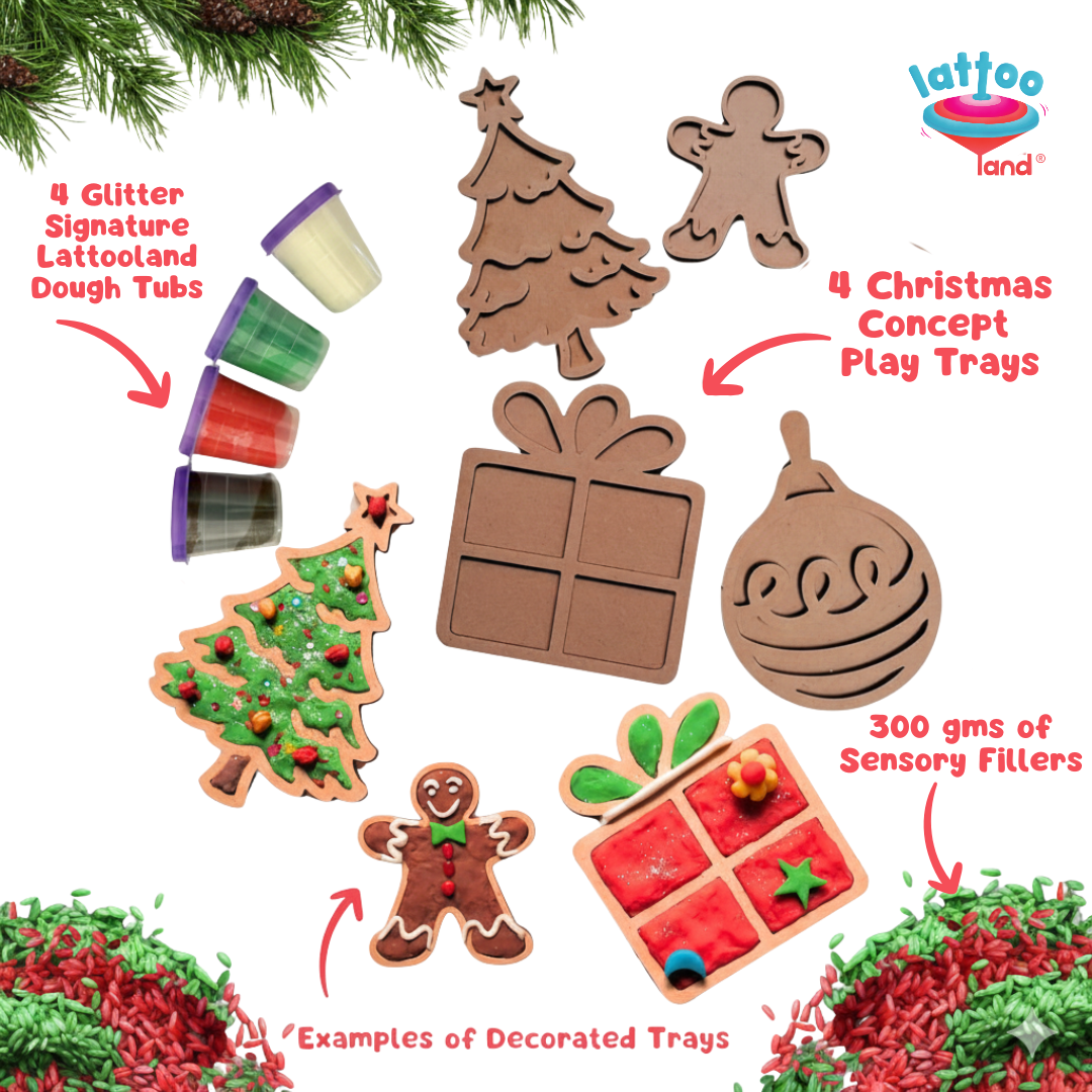 Close-up of assorted wooden Christmas ornaments (stars, trees, bells) ready to be painted.