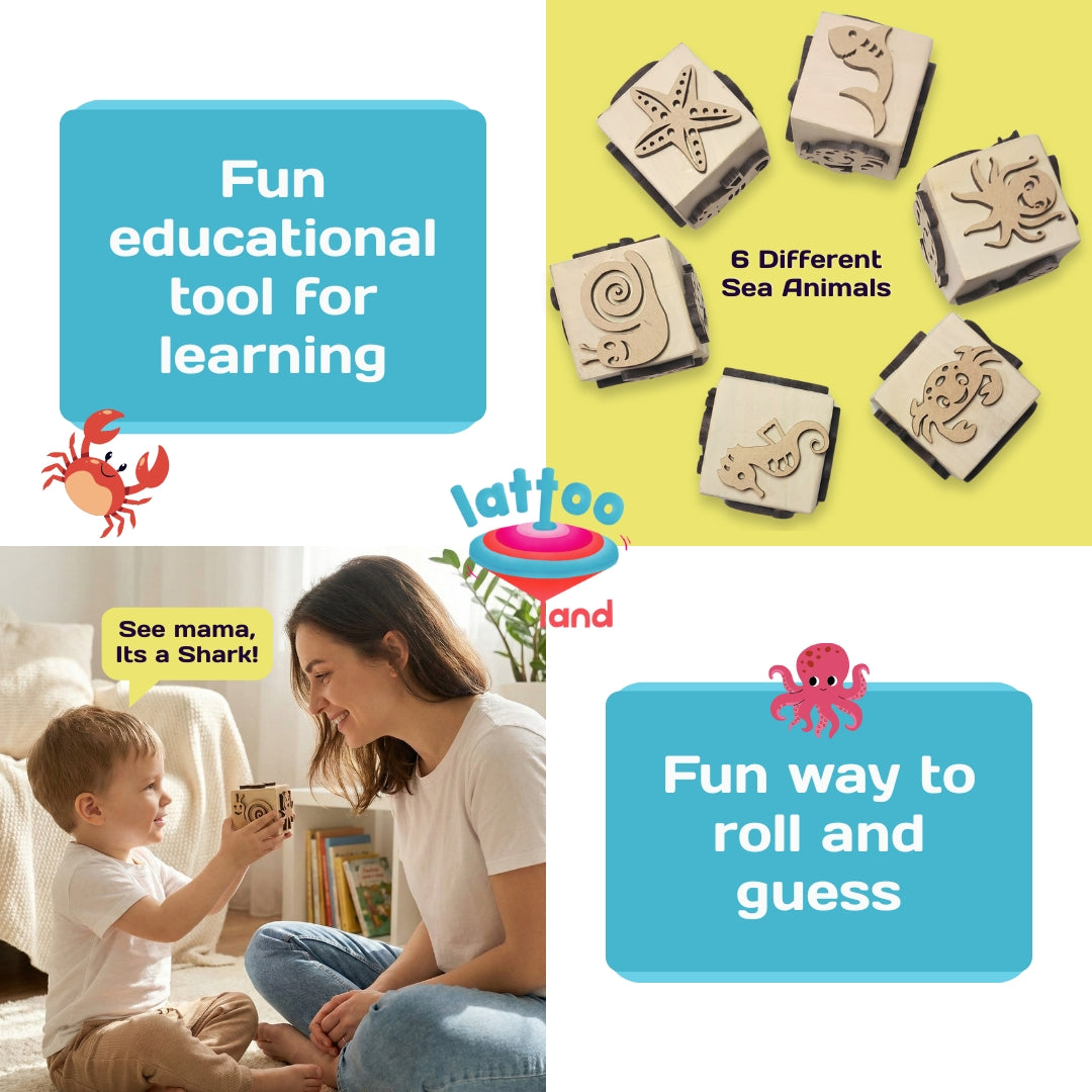 Wooden dice stamps featuring colorful sea creatures for kids
