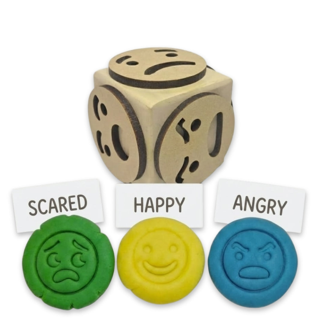 Wooden emotions stamp dice educational toy for kids for stamping on play dough, paper, and cloth.