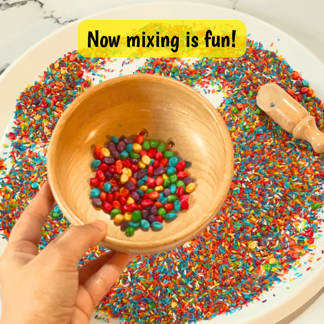 Wooden sensory sieve toy for kids to enhance sorting and fine motor skills.