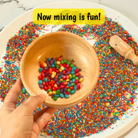 Wooden sensory sieve toy for kids to enhance sorting and fine motor skills.
