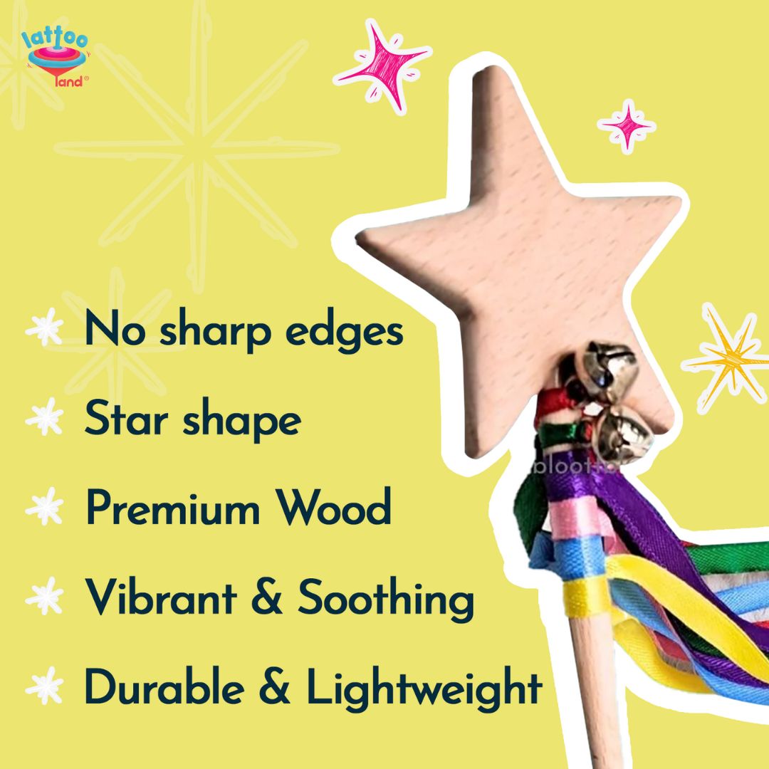 Wooden star wand with colorful ribbons and bells for magical pretend play activities
