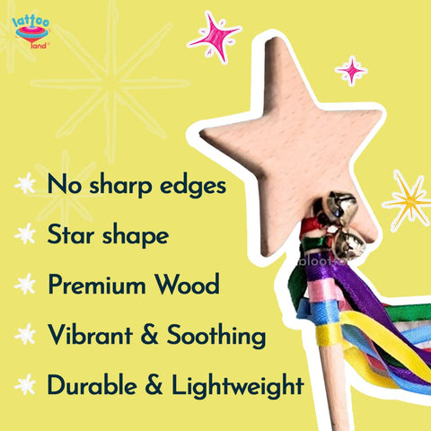 Wooden star wand with colorful ribbons and bells for magical pretend play activities