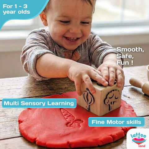 Kids learning shapes and veggies with Wooden Stamp Dice