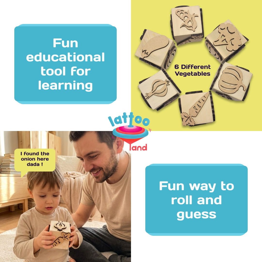 Child holding Wooden Vegetables Stamp Dice for sensory learning play