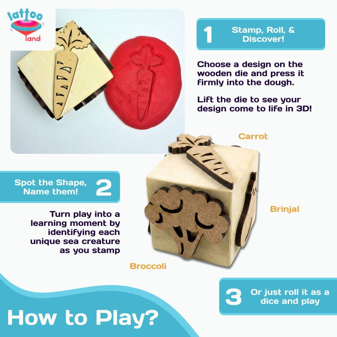 Wooden Vegetables Stamp Dice creating vegetable imprints on playdough