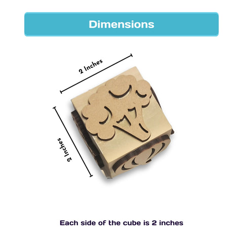 Wooden cube stamp with dimensions labeled 