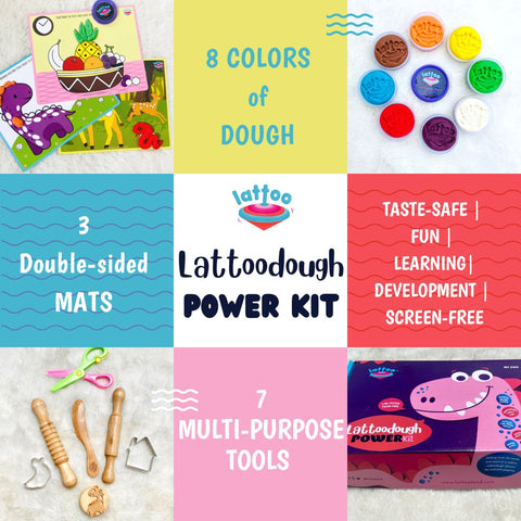 8 colors dough, 3 reuseable double side mat, 7 multipurpose tools, taste safe, fun learning & development kit for kids