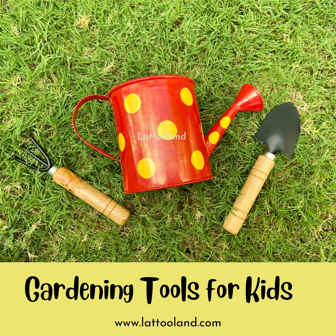 Kids friendly metal fork, red coloured and yellow polka dotted metal watering can & trowel