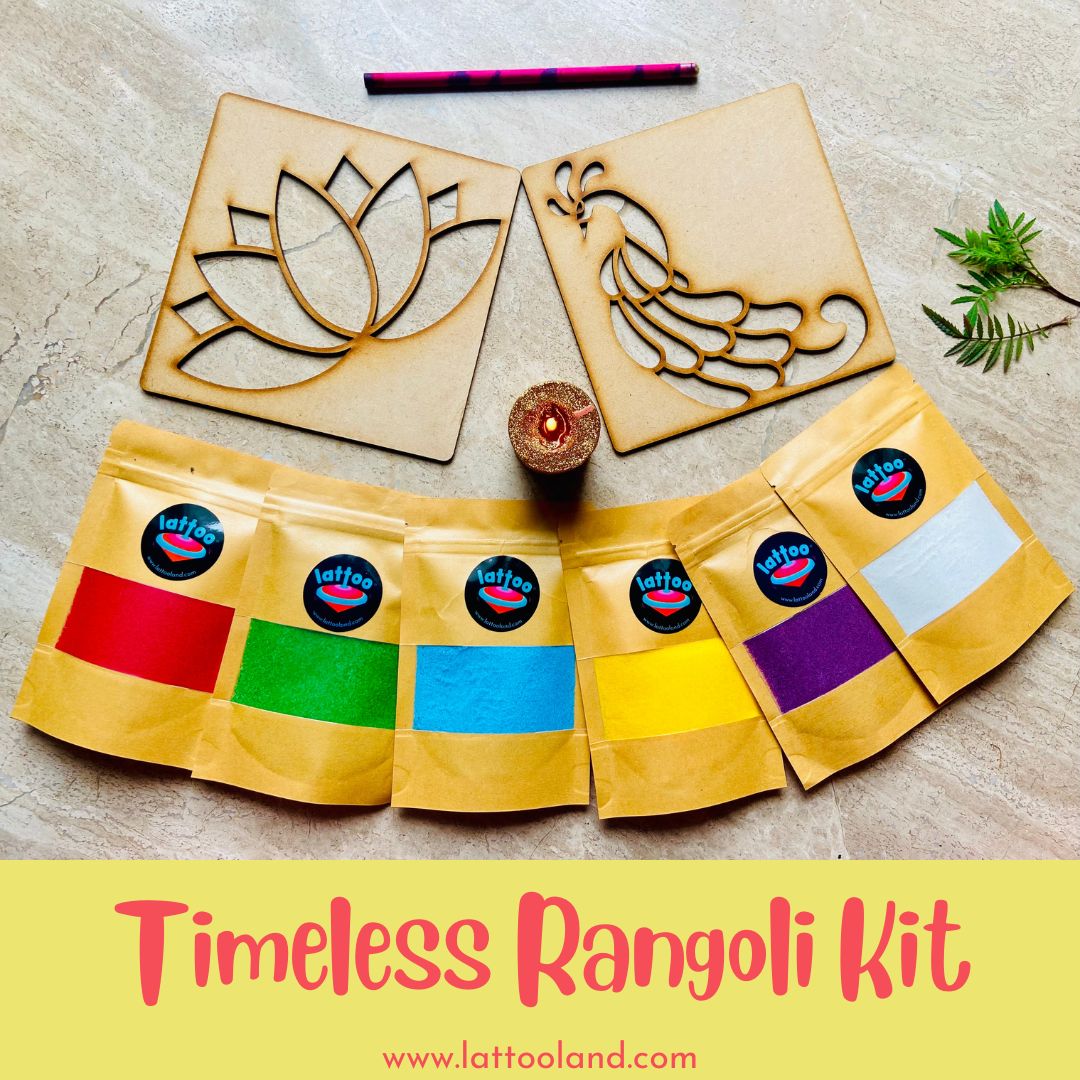 Red, Green, Blue, Yellow, Purple and white colored eco friendly rangoli Kits for kids, with two wooden stencils & 1 eco pencil  