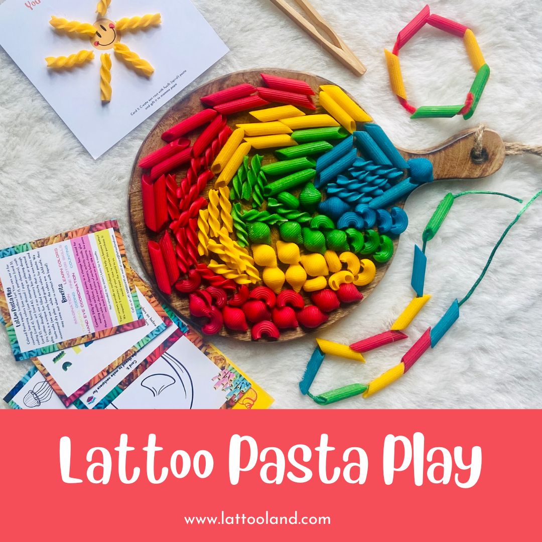 Red, yellow, green, blue coloured pastas for sensory play in Penne, Macaroni, Spiral & Shell shape, lacing activity, wooden tongs & activity cards