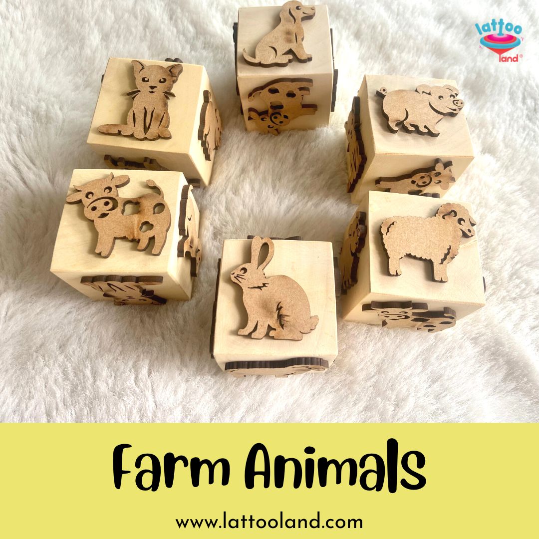 Dog, Pig, Cat, Goat, Rabbit & Cow shaped farm animal themed wooden dice