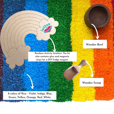 Sensory Rainbow Rice Play Kit with 2 Wooden Tools & DIY rainbow making activity