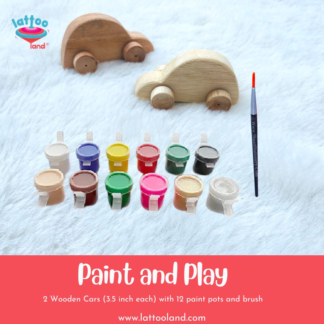 Wooden Toy Cars with 12 coloured paints and brush
