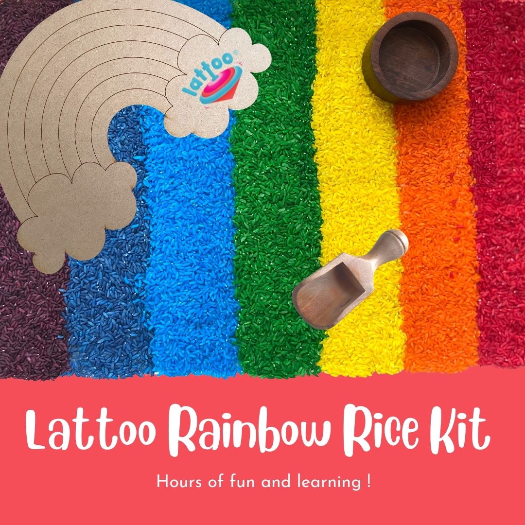 Rainbow colored rice for conceptual learning with fun, wooden bowl, wooden scoop for children and artefact for kids activity