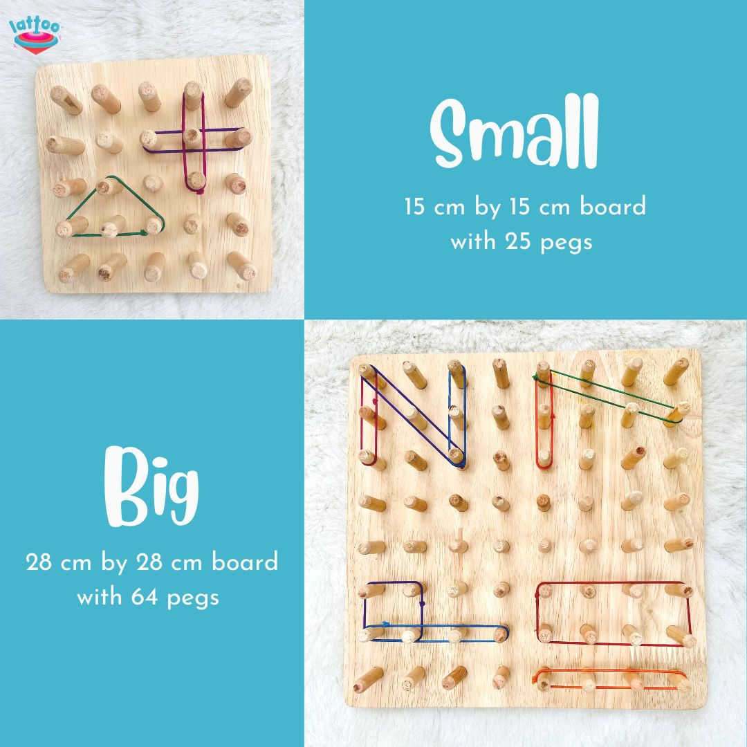 Small Geoboard size - (15*15) cm with 25 pegs, Big Geoboard size - (28*28)cm with 64 pegs